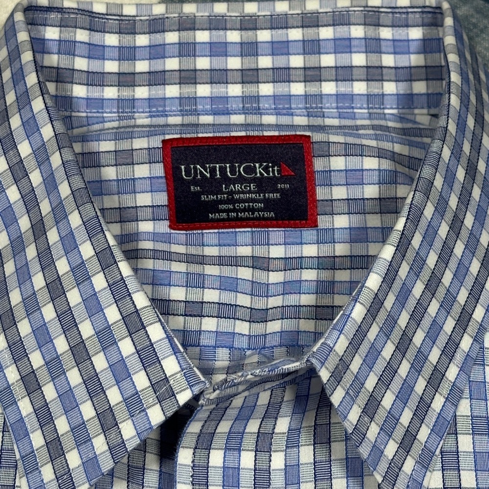 UNTUCKit Durif WF Mens Large Slim Fit Blue Gingham Wrinkle Free Button Down - Picture 4 of 8